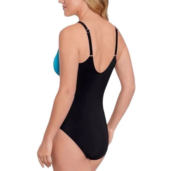 NWT Swim Solutions | Blue Black Tummy Control Draped High Neck Swimsuit 8 - Picture 2 of 10